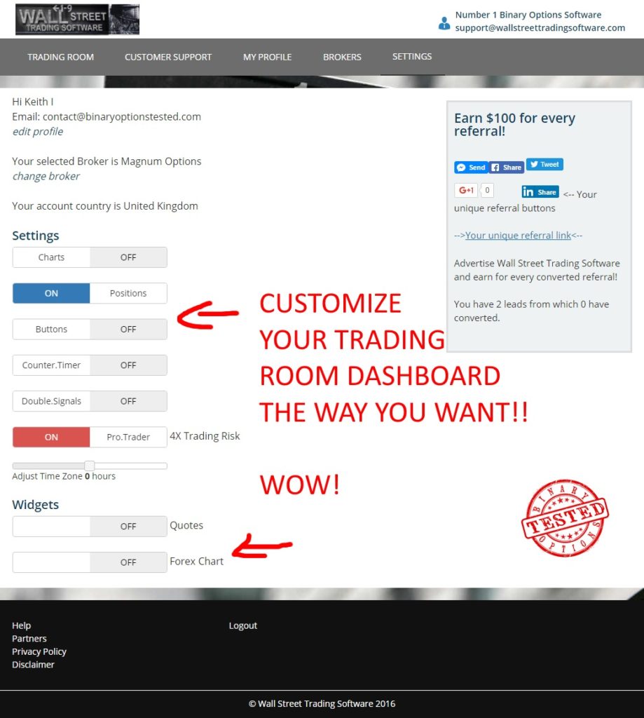 wallstreet trading software settings page